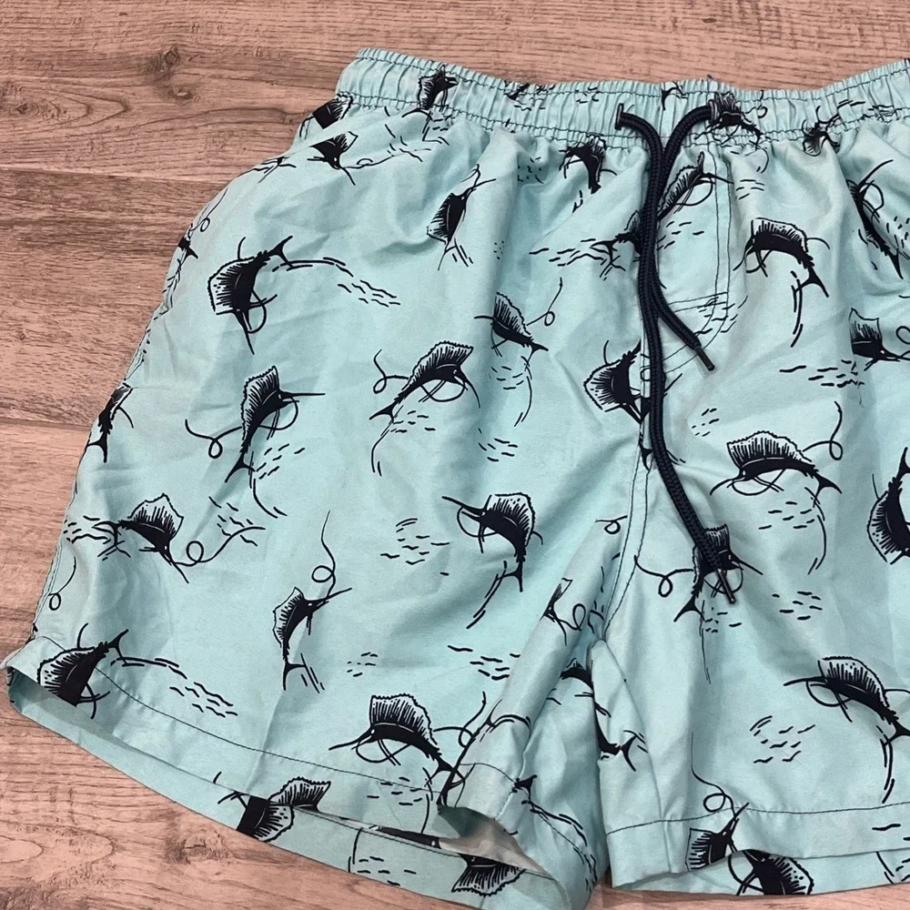 Panama Jack Swim Trunks Fish Print Aqua‎ Blue Swim Shorts Lined Size Medium